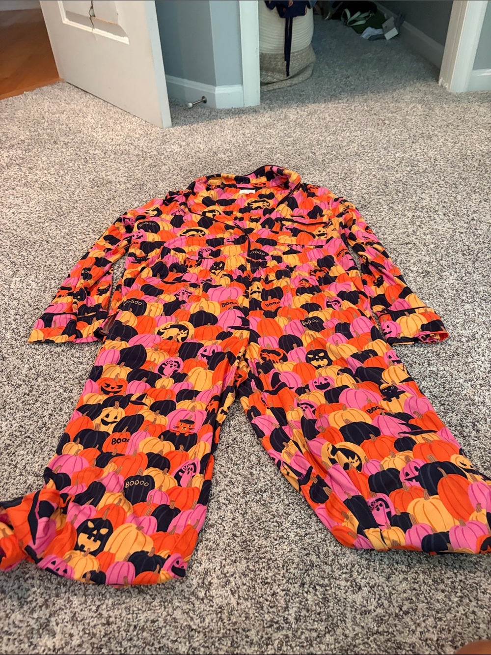Halloween Pumpkin Print Pajama Set - Orange Pink Black